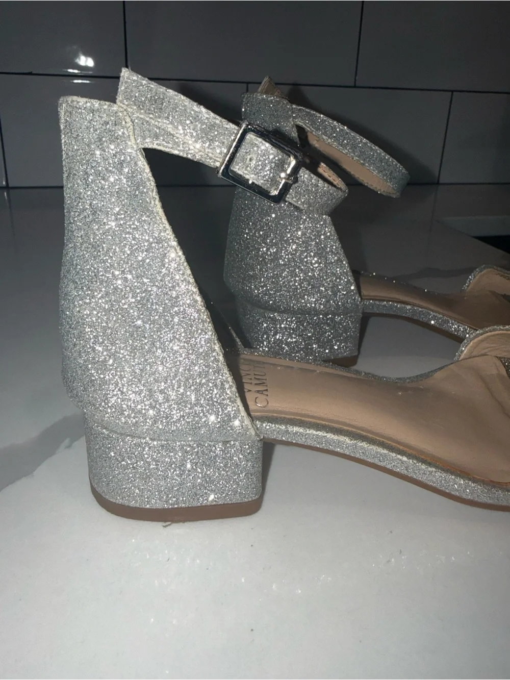 Girls Vince Camuto Silver Glitter Ankle-Strap Block Heel Sandals